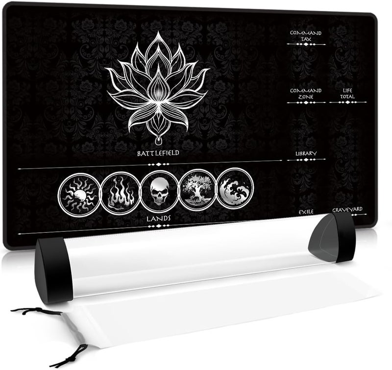 FROGIGO MTG Playmat with Play Zones – Magic Play mat Card Game Mat for Magic The Gathering, Lotus & Basic Lands Design, 24x14 inch, Stitched Edge, Non-Slip Base with Prismatic Playmat Tube-White Zone - Image 1
